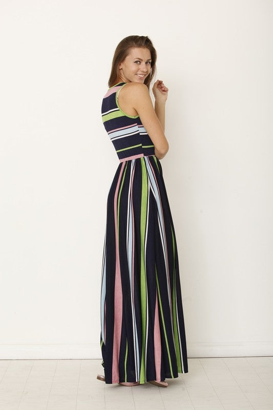 Dress-Multi color stripe maxi dress with hidden pocket