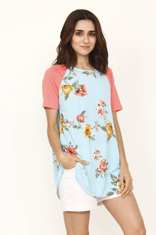Top- raglan sleeve floral tunic top