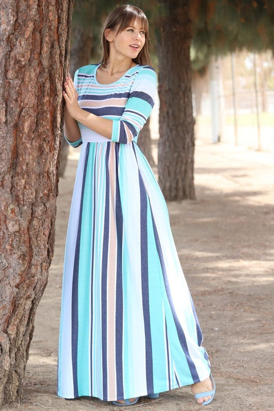Dress- Quarter Sleeve Stripe Maxi Dress