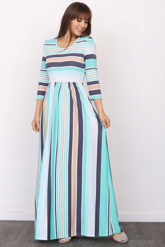 Dress- Quarter Sleeve Stripe Maxi Dress