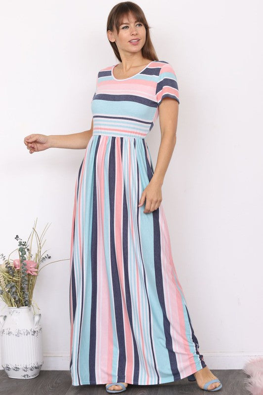 Dress- Plus Short Sleeve Stripe Maxi Dress