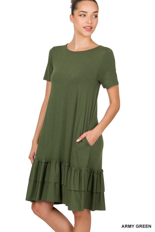 Dress - Short Sleeve Round Neck Ruffle Hem Dress