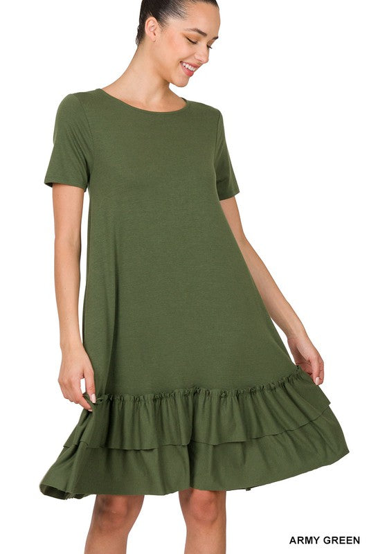 Dress - Short Sleeve Round Neck Ruffle Hem Dress