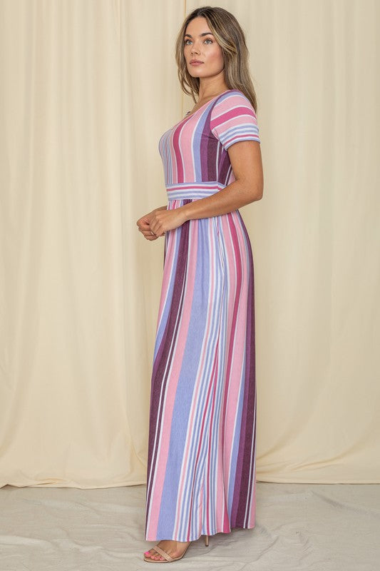 Dress-Short Sleeve Mix Stripe Maxi Dress