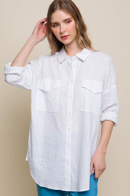 Top Linen Oversized Double Pocket Button Down Shirt