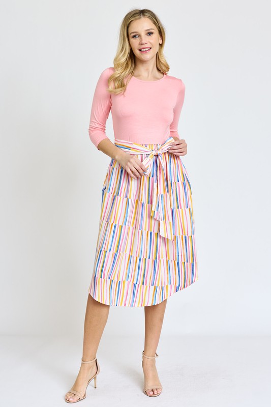 Dress- Quarter Sleeve Stripe Sash Midi Dress