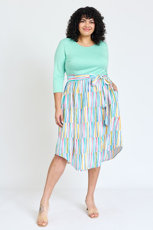 Dress- Quarter Sleeve Stripe Sash Midi Dress