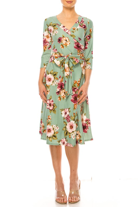 Dress- Floral print, faux wrap dress with deep V-neck