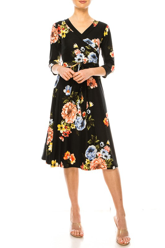 Dress-Floral print, faux wrap dress with deep V-neck