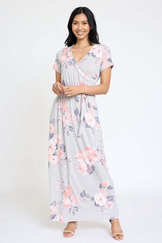 Dress-Floral Surplice Bodice Sash Maxi Dress