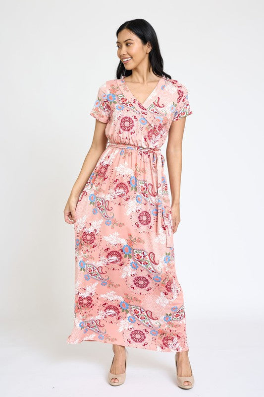 Dress-Floral Surplice Bodice Sash Maxi Dress