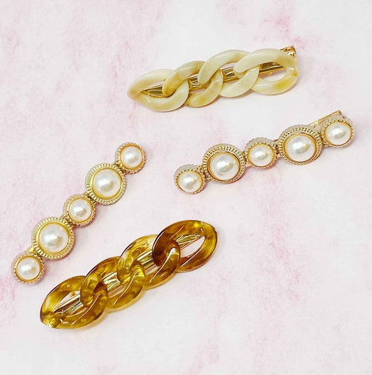 Hair clip- Marble Chain And Pearl Hair Clip Set