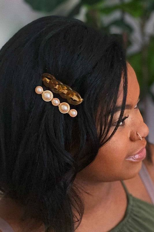 Hair clip- Marble Chain And Pearl Hair Clip Set